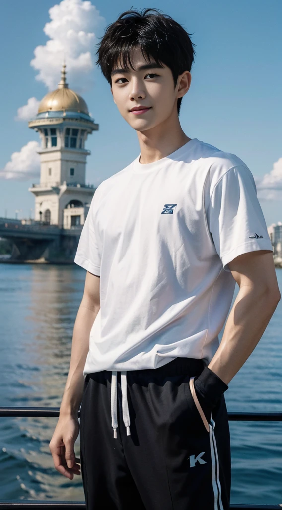 (As a matter of fact, Masterpiece, 8k HD, good light quality, sportswear, fit the face, complicated details), Handsome Korean young man, 20 years old, be happy, smile brightly, detailed face, delicate eyes, มองดูsky, Wear casual clothes, period, black eyes, Black hair color, ผมsmooth, smooth, outdoor sports, Along the garden, Sunny,sky,Surreal,Awesome details,Highest quality,real,