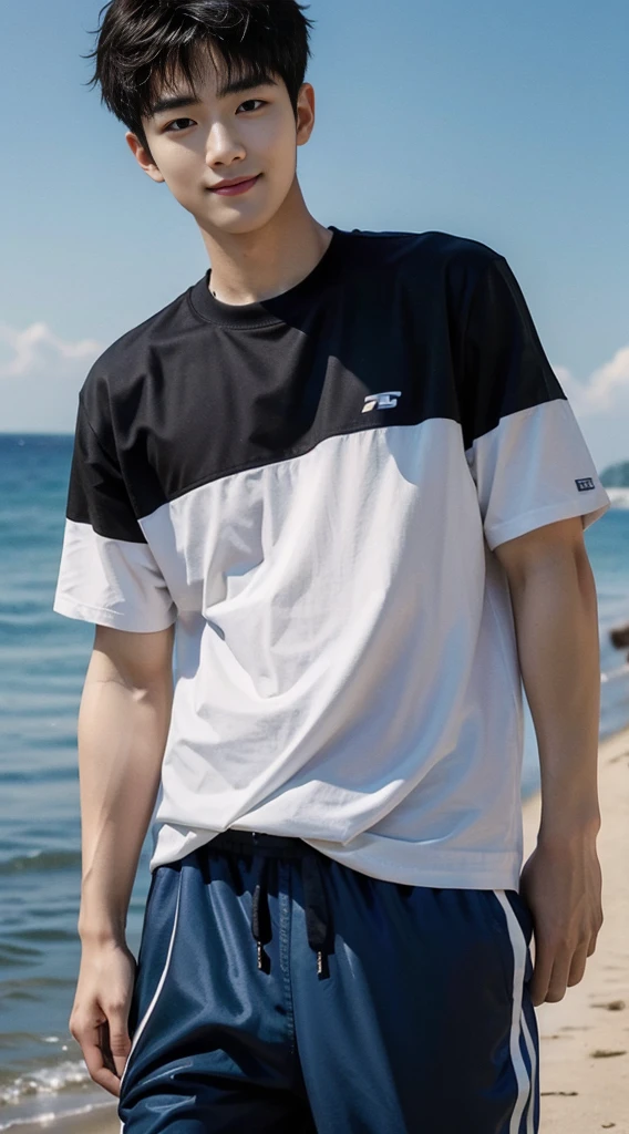 (As a matter of fact, Masterpiece, 8k HD, good light quality, sportswear, fit the face, complicated details), Handsome Korean young man, 20 years old, be happy, smile brightly, detailed face, delicate eyes, มองดูsky, Wear casual clothes, period, black eyes, Black hair color, ผมsmooth, smooth, outdoor sports, By the sea, Sunny,sky,Surreal,Awesome details,Highest quality,real,