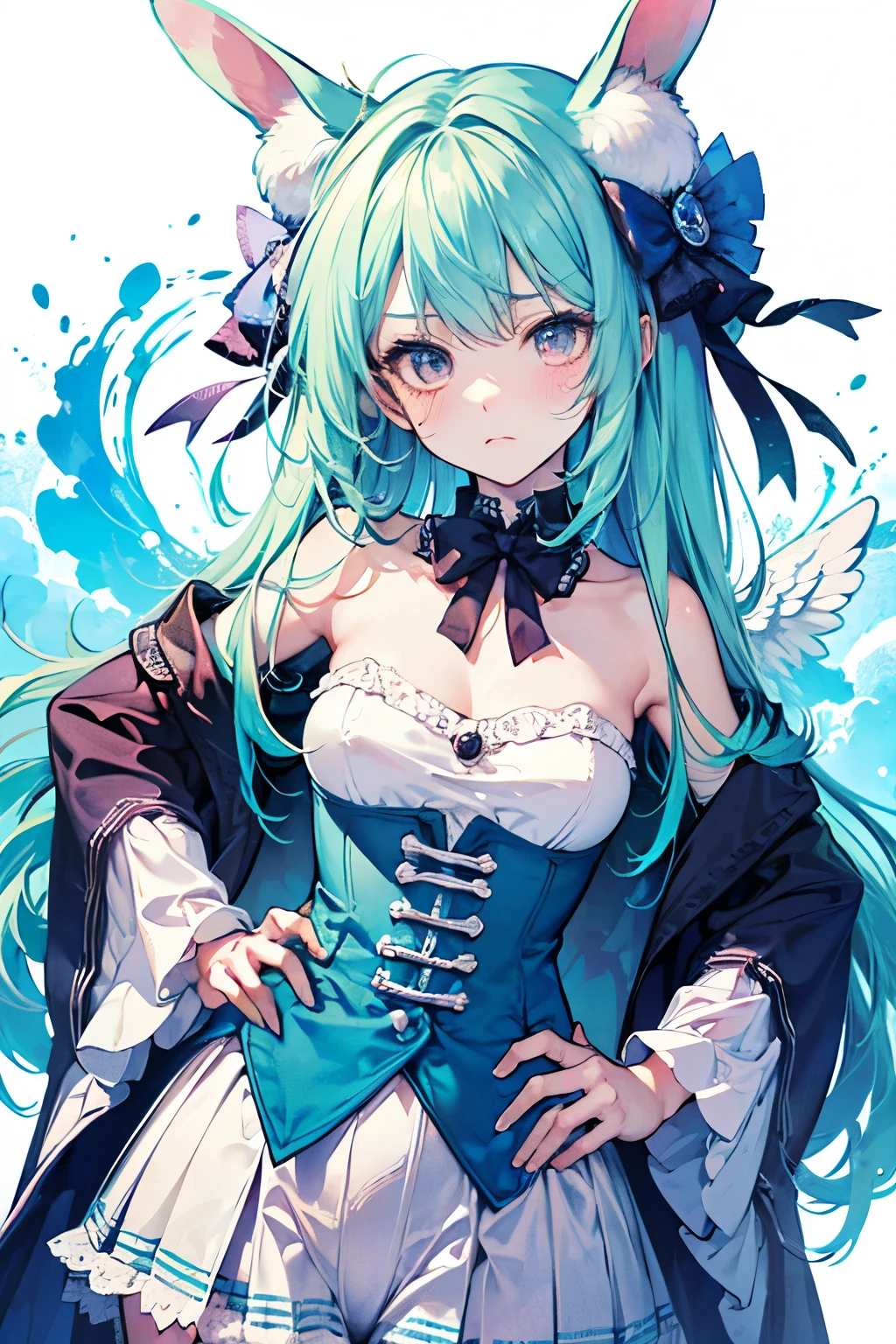 chibi character,Rabbit motif,(brush),((cute,kawaii,wonderland)),((pastel color)),((Cute assortment)),(Embarrassed blushing face),Shiny cream hair,(Rainbow),((Angel:1.2)),((With both hands on her hips, she sulks.:1.25)),tits