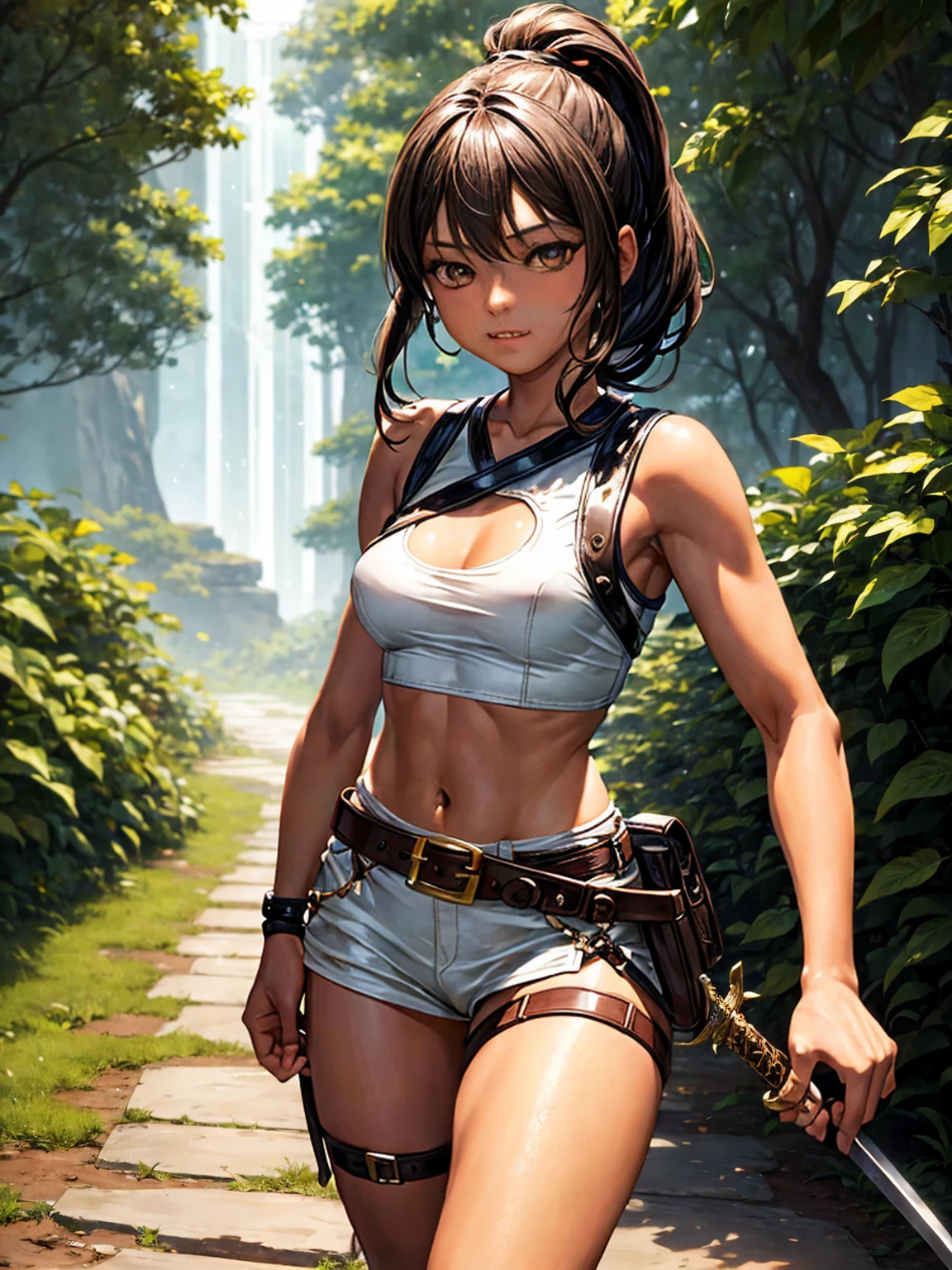 Young girl, tanned skin, short brown ponytail, golden eyes, no breasts!!!, smiling, leather harness, white sleeveless t-shirt!!!, black fabric short, leather belt, sword sheathed on right hip, walking on a path land, night forest. (Best quality)