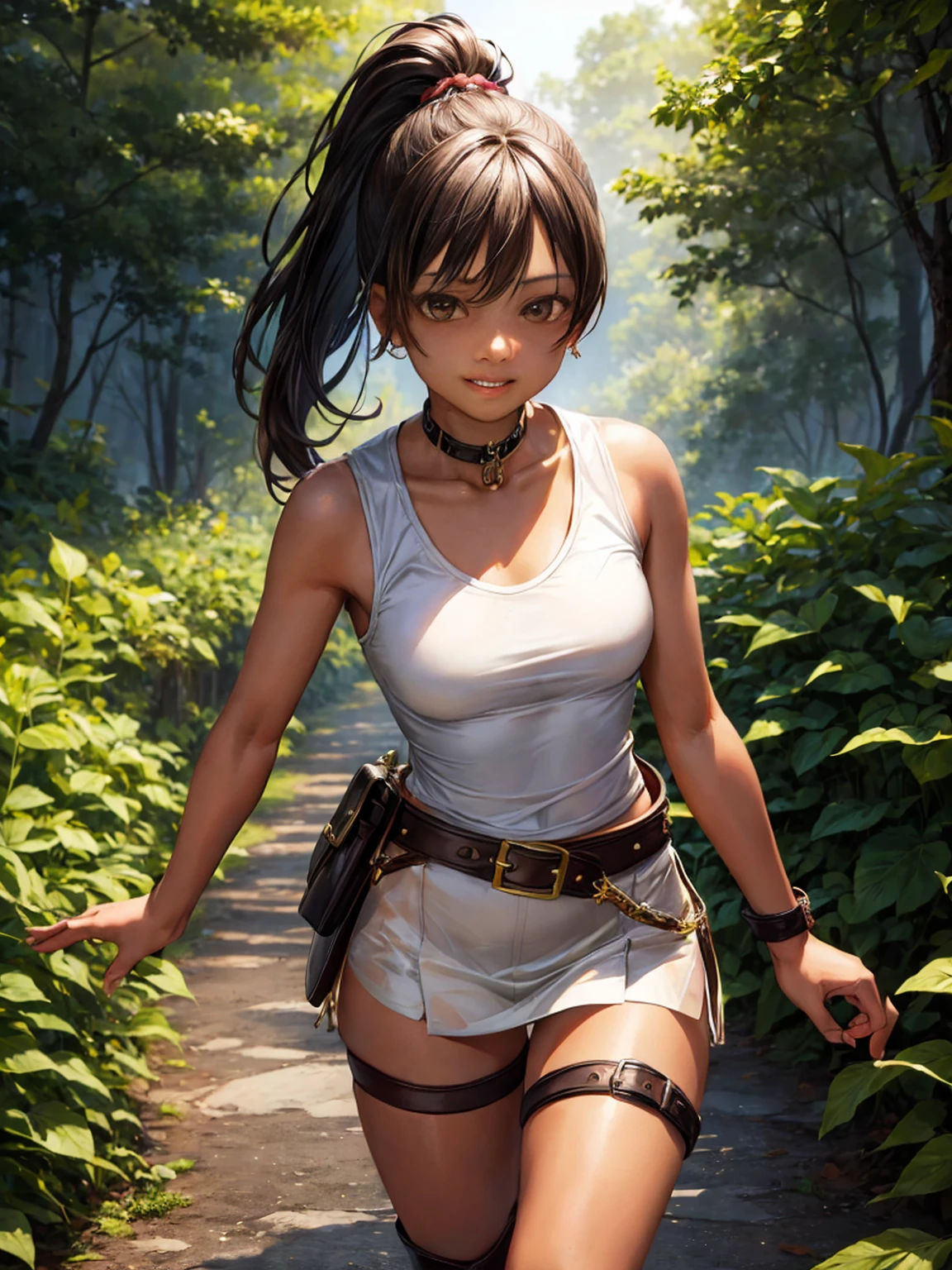 Young girl, tanned skin, short brown ponytail, golden eyes, no breasts!!!, smiling, leather harness, white sleeveless t-shirt!!!, black fabric short, leather belt, sword sheathed on right hip, walking on a path land, night forest. (Best quality)