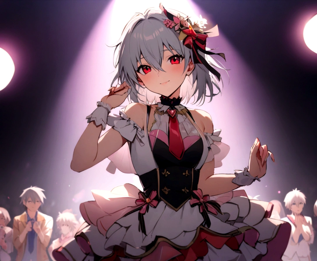 masterpiece, best quality, extremely detailed, evangelion kaworu nagisa, kaworu nagisa, seductive, hot, cute, extremely cute, (nsfw, sexualized, harassed, sexual assault, sexualized by dirty bald old men) idol, on stage, strong shining aura, cute poses, (cute idol clothes, alot of accessories, hair accessories) idol group member, center of attention, audience