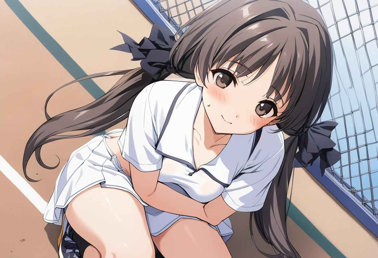 One girl,((Hotaru)),smile、Gentle expression,slender body,ideal ratio body proportions,,arms behind back,squatting,spread legs:1.3,training、blush,,(White tennis wear、body-conscious、white tight polo shirt、white tight mini skirt、Cute string panties,panty shot,upskirt,sweat:1.3),outdoors、from above,Tennis court、A complete depiction of the human body,masterpiece, Highest quality, Game CG, ultra detailed、highres、extremely detailed CG 