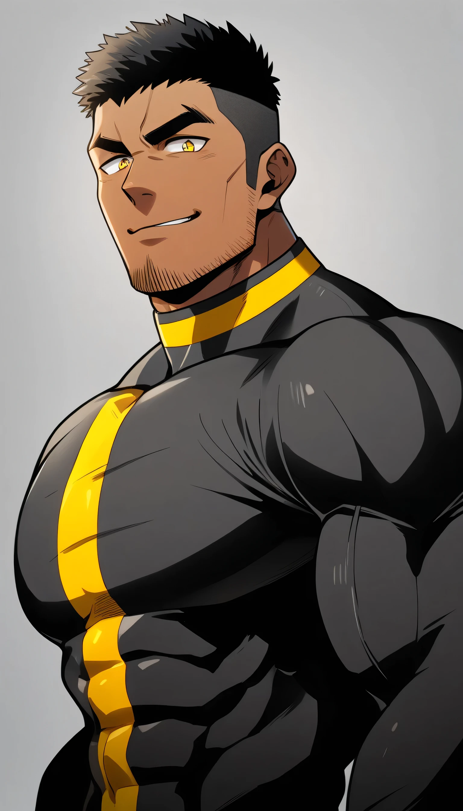 anime characters：Tights superhero, Muscle superhero, negro black skin, 1 dark skin muscular tough guy, Manliness, male focus, Yellow and black striped high collar long sleeve tight T-shirt, Slightly transparent material, Very tight, Round, full and perky chest muscles,Male dog waist,Slightly transparent, muscular male, muscular, only, Upper body, alone, Black short hair, Thick eyebrows, stubble, Yellow eyes, Grey background, simple background, amazing quality, best aesthetics, Ridiculous, bright pupils, crew cut, parted lips, seductive smile, torogao, naughty face, drop shadow, best quality