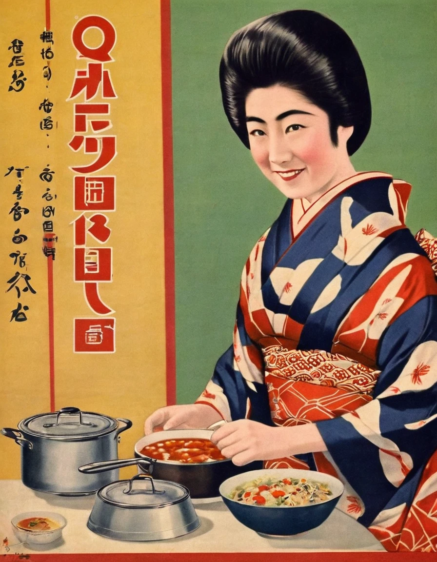 Highest quality、masterpiece、Retro image of a Japanese poster from the 1930s、One young woman、Kimono with geometric pattern、Cooking food、Kitchen at home、Portrait、Close-up