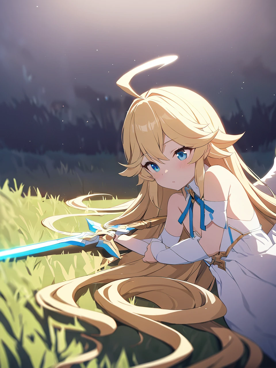 Zaora, blue eyes, (Variegated eyes:0.5), Blonde, Very long hair, Twin Blade, bangs, Ahoge, Hello, Angel, Flat Chest, White Dress, Belly button cutout, Detachable collar, Strapless, Neck ribbon, Bare shoulders, Angel wings, barefoot, One girl, Solo Break Space, grassland, Lying down, Upper Body, Depth of written boundary, Cinematic, masterpiece, Highest quality, Game CG
 