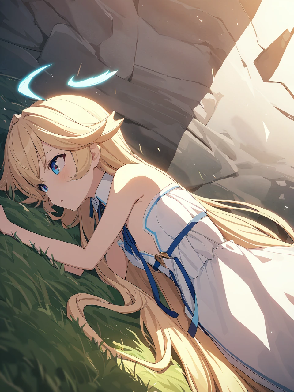 Zaora, blue eyes, (Variegated eyes:0.5), Blonde, Very long hair, Twin Blade, bangs, Ahoge, Hello, Angel, Flat Chest, White Dress, Belly button cutout, Detachable collar, Strapless, Neck ribbon, Bare shoulders, Angel wings, barefoot, One girl, Solo Break Space, grassland, Lying down, Upper Body, Depth of written boundary, Cinematic, masterpiece, Highest quality, Game CG
 