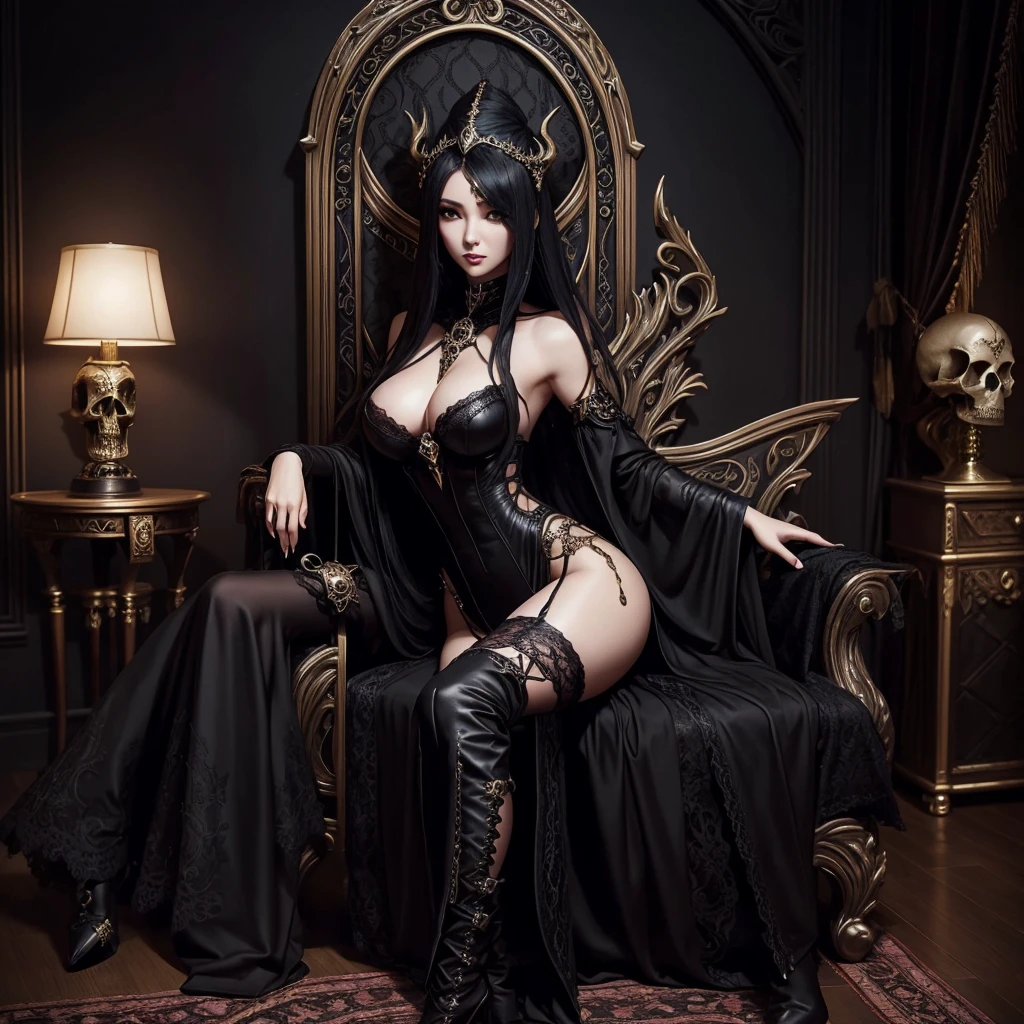 dark fantasy style, 1 sorceress girl, beautiful, slender, sexy, big breasts, makeup, expensive luxurious dark fantasy sorceress dress, skull decoration, long high-heeled boots, lace stockings, in the room, on a chair, hentai,