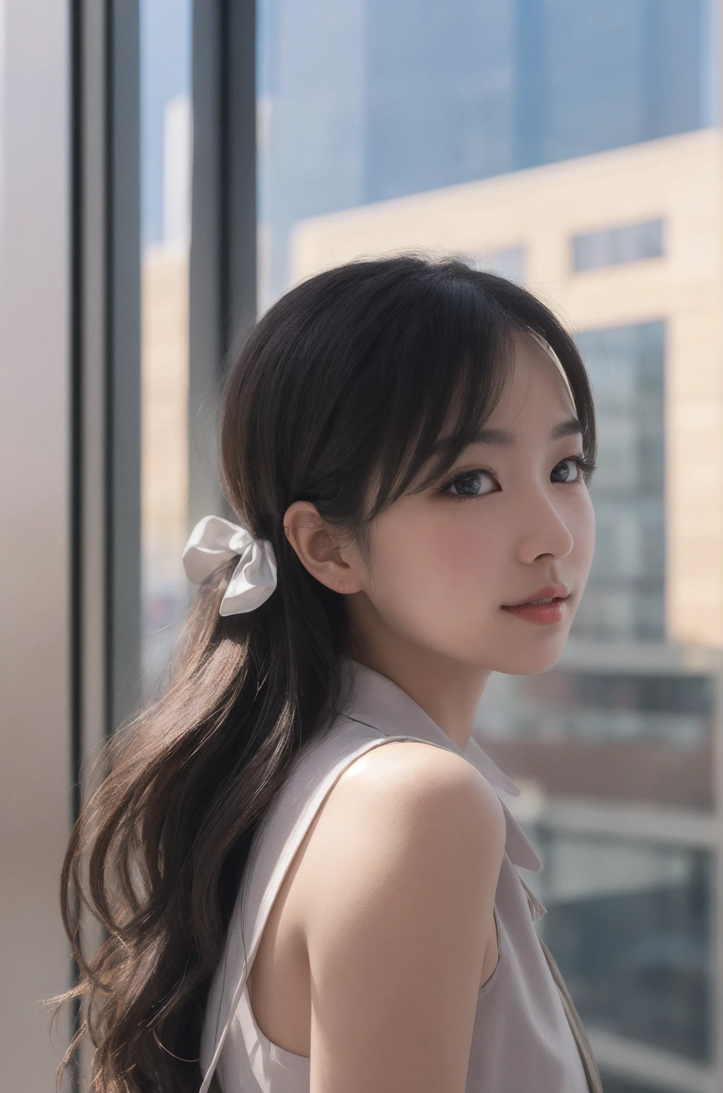 1girl, matured female, vest, bow, best quality, hires, detailed face, office, buildings from window, detailed background, diffused sunlight, depth of field, bokeh