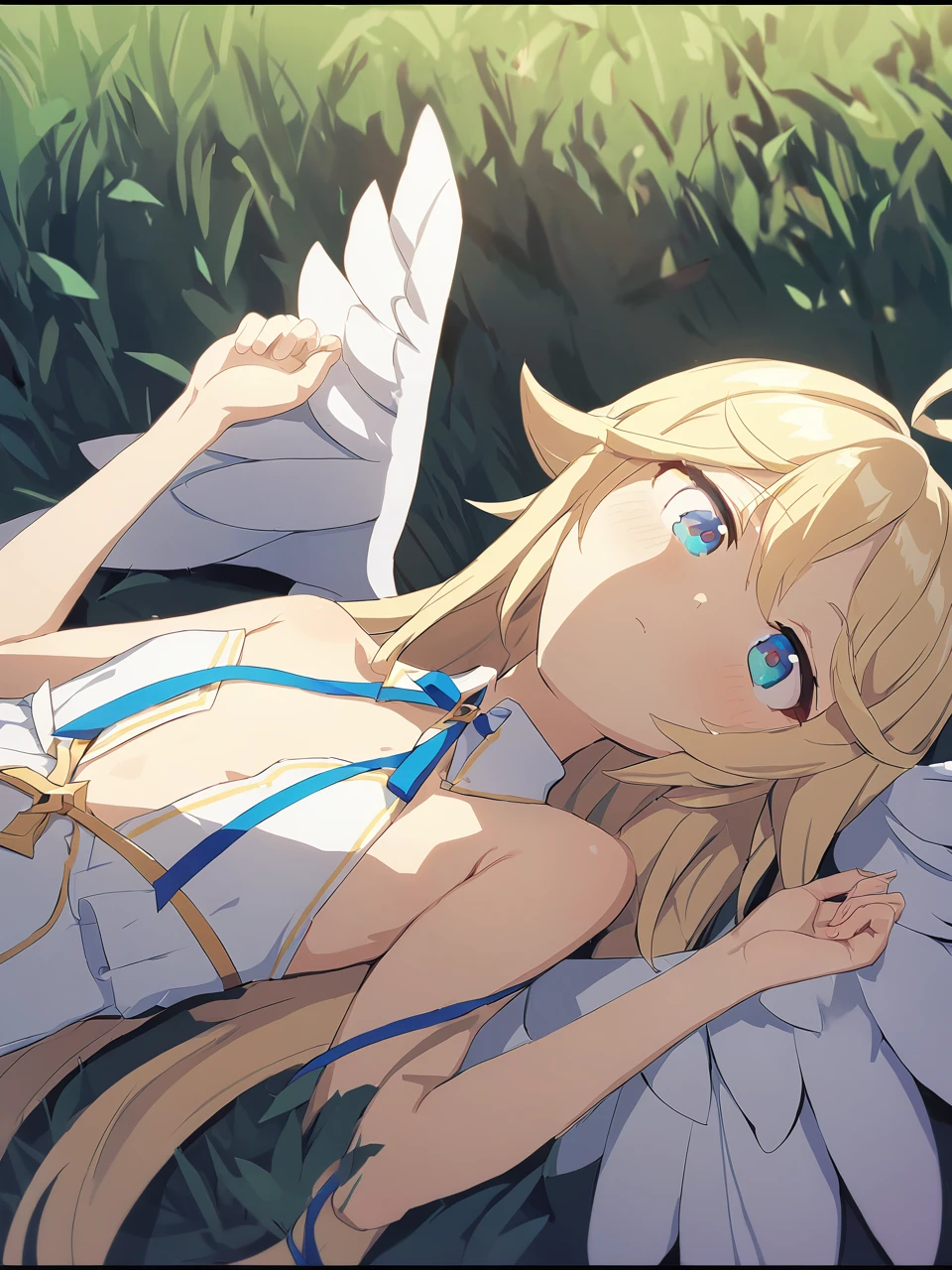 Zaora, blue eyes, (Variegated eyes:0.5), Blonde, Very long hair, Twin Blade, bangs, Ahoge, Hello, Angel, Flat Chest, White Dress, Belly button cutout, Detachable collar, Strapless, Neck ribbon, Bare shoulders, Angel wings, barefoot, One girl, Solo Break Space, grassland, Lying down, Upper Body, Depth of written boundary, Cinematic, masterpiece, Highest quality, Game CG