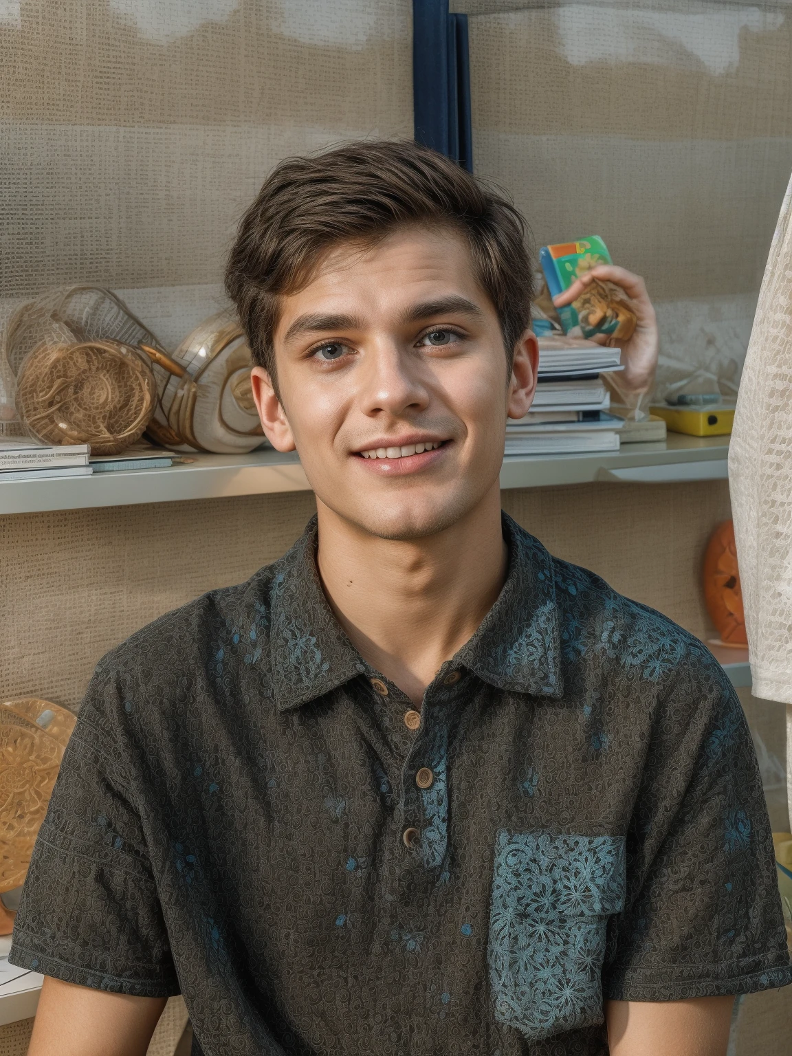 A beautiful young male twink, cute, with black hair and a face with make-up, wearing a long-sleeved white shirt and aqua blue pants, and he is in his office, and behind him is a blackboard on which is written the shape of the brain and its anatomy, and nuclear energy comes out of it, and he has a face with make-up and his eyes.  Underneath are dark circles while he is sitting, and he appears innocent, with a beautiful face with make-up on, while he is sitting at a luxurious desk with books, and neon energy comes out of it, and he has a face with make-up on, and his cheeks are red.