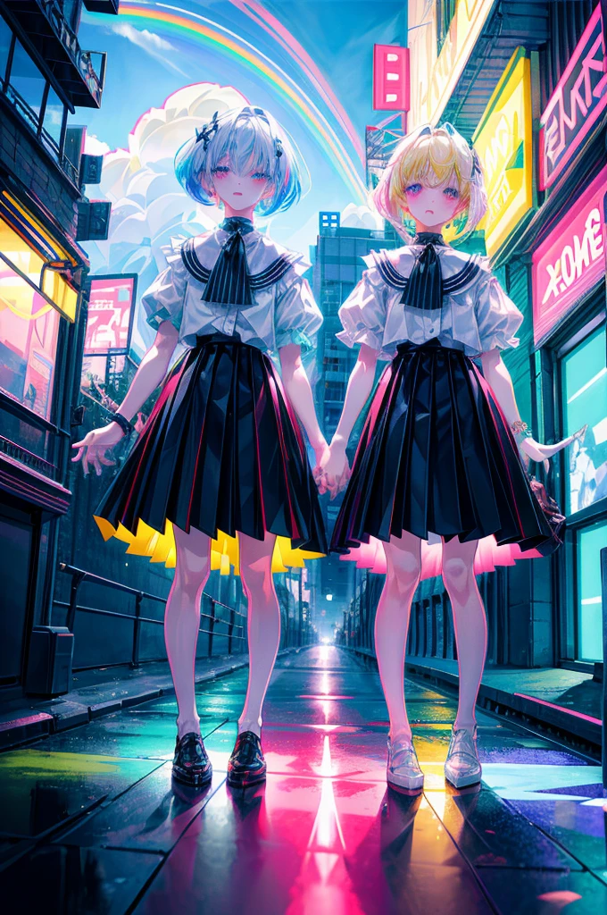 rainbows、Irridescent color、colourfull、top-quality、超A high resolution、(Photorealsitic:1.4)、Female 1 Person、Sleeveless white buttoned shirt、Black skirt、Black Choker、cute little、(Kpop Idle)、(attractiveness:1)、(Platinum Blonde Hair:1)、((Puffy eyes))、Look at the viewer、full body Esbian、Facing the front