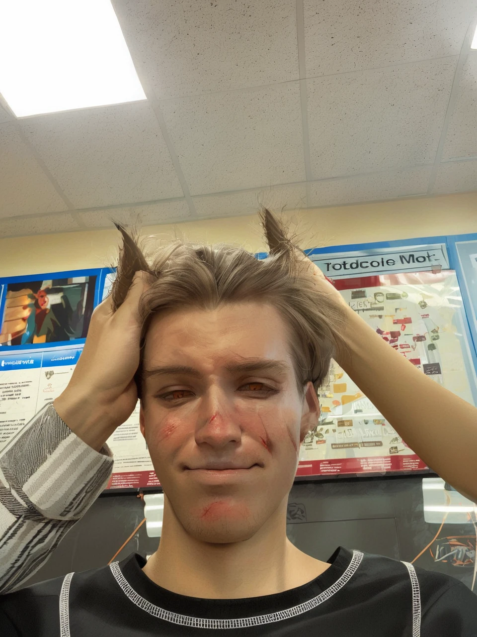 Demon Guy, With horns, burning eyes, Snide smile, dark colors