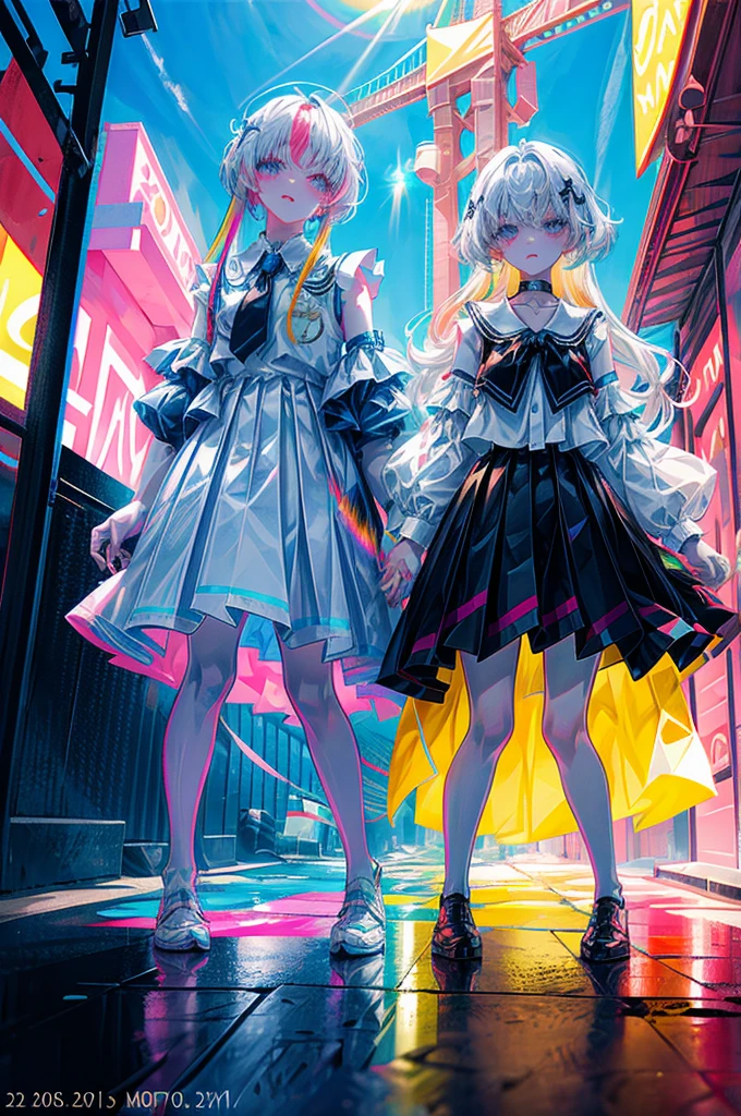 rainbows、Irridescent color、colourfull、top-quality、超A high resolution、(Photorealsitic:1.4)、Female 1 Person、Sleeveless white buttoned shirt、Black skirt、Black Choker、cute little、(Kpop Idle)、(attractiveness:1)、(Platinum Blonde Hair:1)、((Puffy eyes))、Look at the viewer、full body Esbian、Facing the front