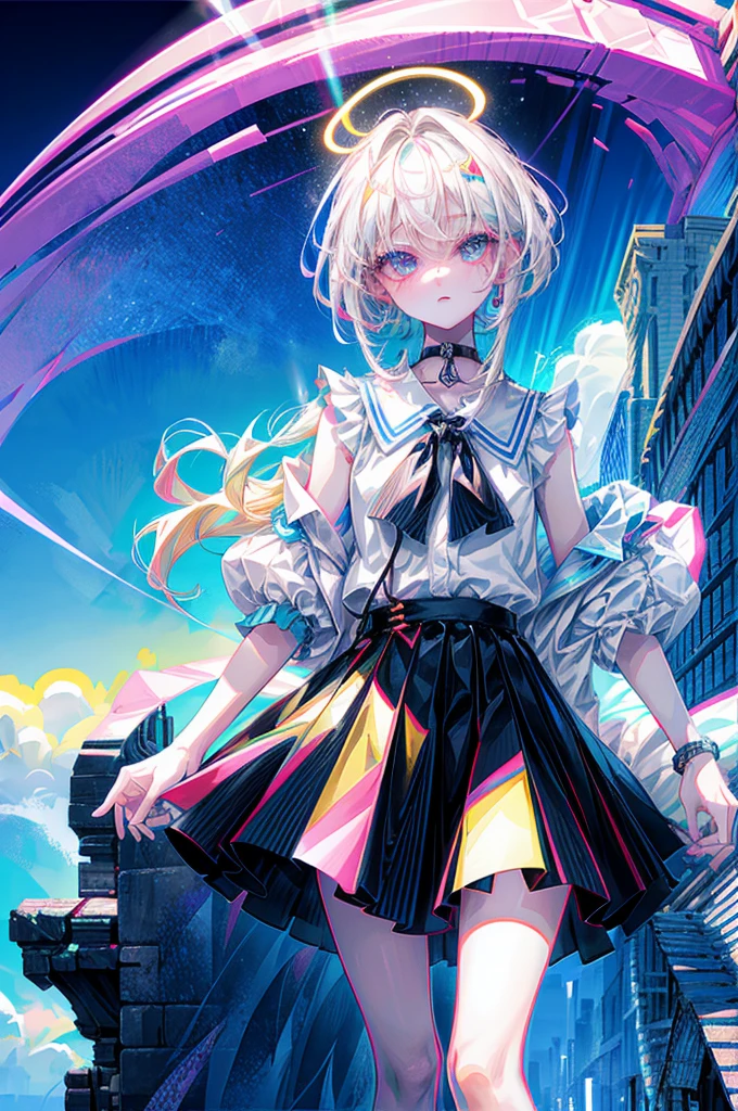 rainbows、Irridescent color、colourfull、top-quality、超A high resolution、(Photorealsitic:1.4)、Female 1 Person、Sleeveless white buttoned shirt、Black skirt、Black Choker、cute little、(Kpop Idle)、(attractiveness:1)、(Platinum Blonde Hair:1)、((Puffy eyes))、Look at the viewer、full body Esbian、Facing the front