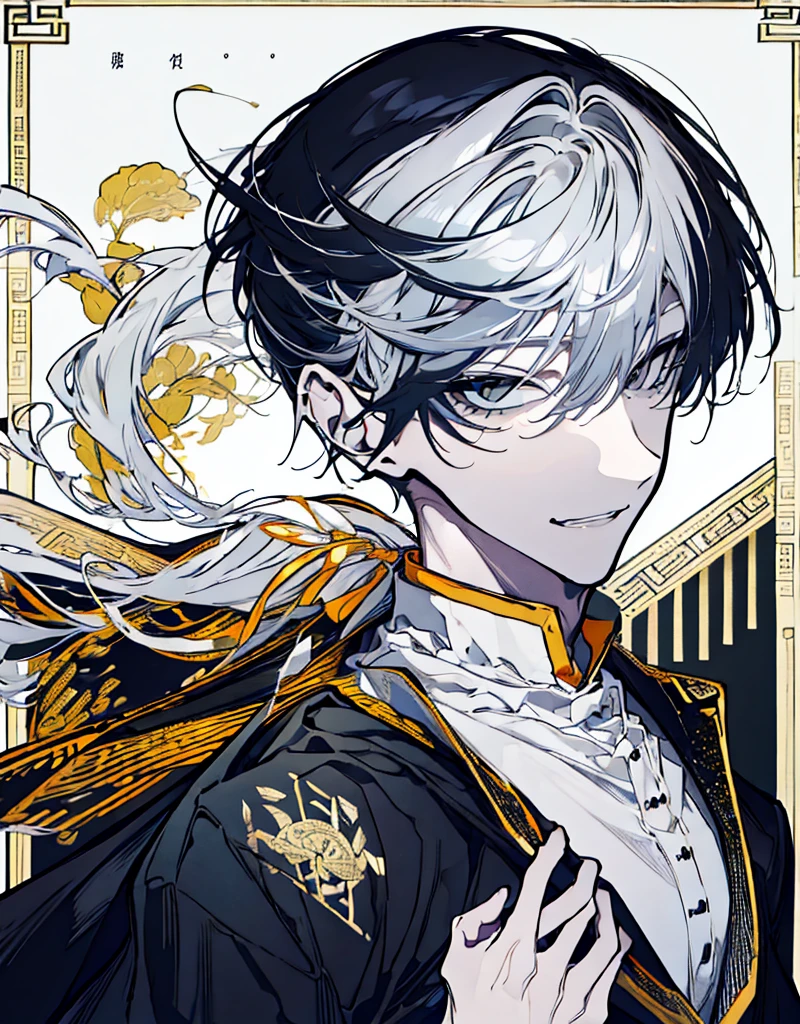 High resolution male Character portrait whole body White background Close ~ eyes Suspicious Laughter Lift the corners of your mouth tall Silver Hair Yellow Eyes Chinese style black clothes sunglasses smile Putting a cigarette in your mouth Double teeth Grinning face