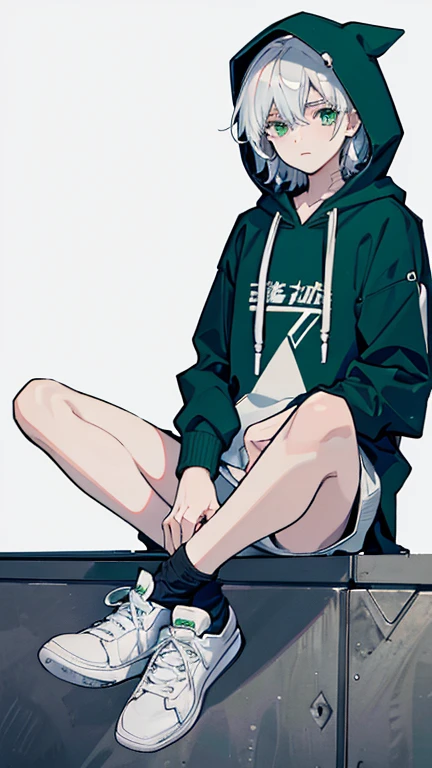 masterpiece, Facial details, Very detailed, 8K, Modern Style, ((One young man)), woman, Short white hair, Green Eyes, White hoodie, Black trousers, I can see the shoes, White Background, joy, sit down, hood up,