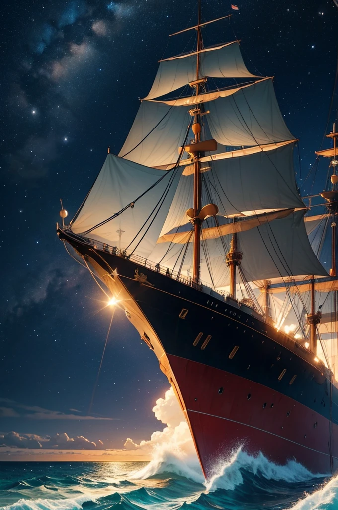 create an image of a ship with captain on the bridge, with vast sea and starry sky