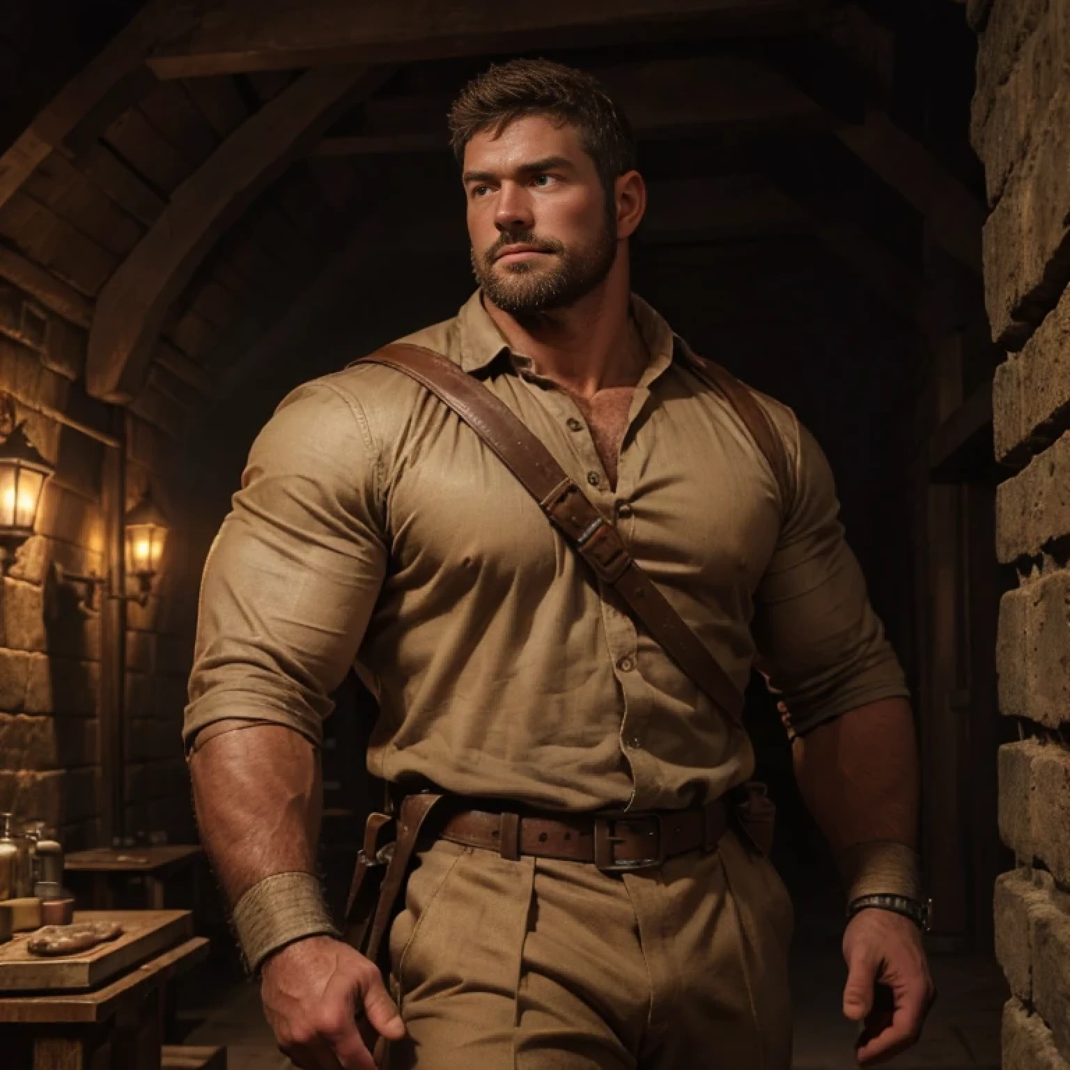 An award-winning original photo，A wild muscular man, (40 years old adventurer is exploring an ancient dungeon:1.1), 1boy, Solo,brown fedora, Rolling up the sleeves of a beige dress shirt , brown suit pants, shoulder strap, (big shoulderusculature, stubbles, Short beard, Beautiful eyes:1.3), (Detailed face:1.3), Dynamic Angle, (Best quality, A high resolution, Photorealistic), Cinematic lighting, Masterpiece, RAW photo, Intricate details, hdr, depth of field,extreme close up, 