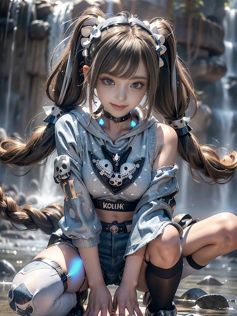 (Full Body View:1.3)、(crawling position:1.3)、(on all fours:1.3)、(Beautiful lips and nose:1.4)、(Side view:1.1)、(Smiling with teeth showing:1.3),(Fashion Model:1.5)、(Gothic Lolita delicately decorated battle uniform:1.5)、(White off-shoulder hoodie:1.5)、(Black, silver and white shorts:1.4)、(denim garter belt:1.5)、(Black and denim knee socks:1.3)、(Skull Silver Accessories:1.5)、(Lace collar:1.3)、(Brown Skin Belt:1.4)、(Brown boots:1.2)、(Underwear has polka dots:1.4)、23 years old、((Highest quality、In 8K、masterpiece:1.3))、Sharp focus:1.2、(Layered Cut、Huge boobs:1.1),Beautiful woman with perfect figure:1.4、(Dancing vigorously:1.3)、Slender Abs:1.2、Highly detailed face and skin texture、Detailed eyes、double eyelid,(Twin tails:1.3)、(Brown-golden hair:1.3)、Gravure idol、(The background is a luxury resort with a vast waterfall:1.3)、(Slim body:1.2),(Make your legs thinner:1.4),(clavicle:1.1)