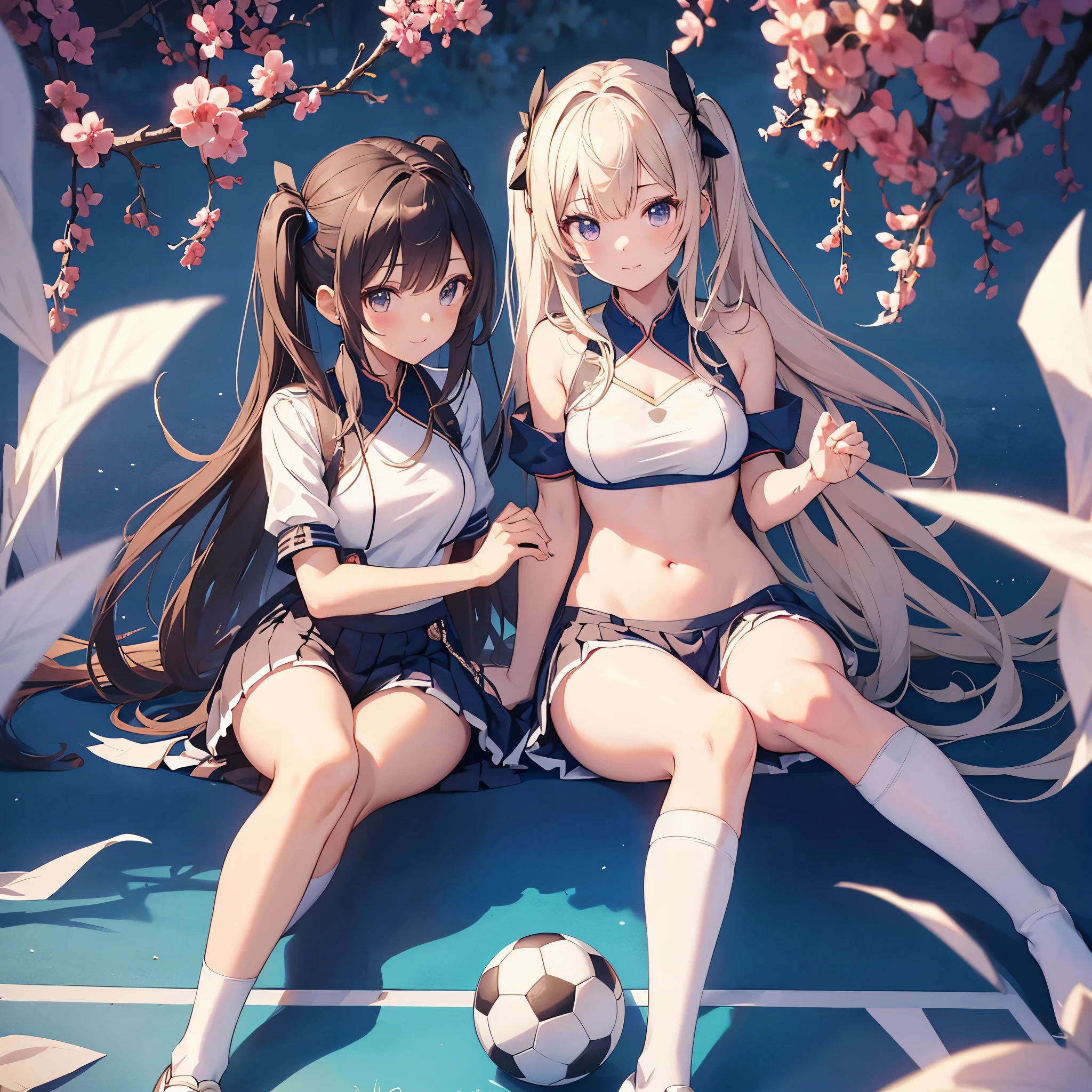 Anime girl in uniform sitting on the ground with a soccer ball Aladin Asian cheerleader making a dynamic pose with big pom-poms in both hands at the stadium、write、Close-up、Cosplay Photo、Anime Cosplay、Small breasts、Raw photo, Highest quality, High resolution, (masterpiece), (Photorealistic:1.4), Professional photography, Sharp focus, Hmph, 8K resolution, Intricate details, Depth of written boundary, Highly detailed CG Unity 8k wallpaper, Front light, With a girl, Beautiful Supermodel, Laughter、Slender、Mary Rose、Twin tail hair、Korean style uniform、Peeking from below、(Thin thighs)、White underwear is visible