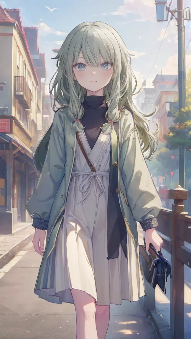 (masterpiece, Highest quality:1.6),Best image quality、Highest quality、Perfect lighting,masterpiece、(8K、masterpiece、Highest quality)、Best image quality、Chest close-up、During a walk、Outdoors、Smile at me、The sense of distance as if you were walking next to me、light green hair color、Kusanagi Nin々、