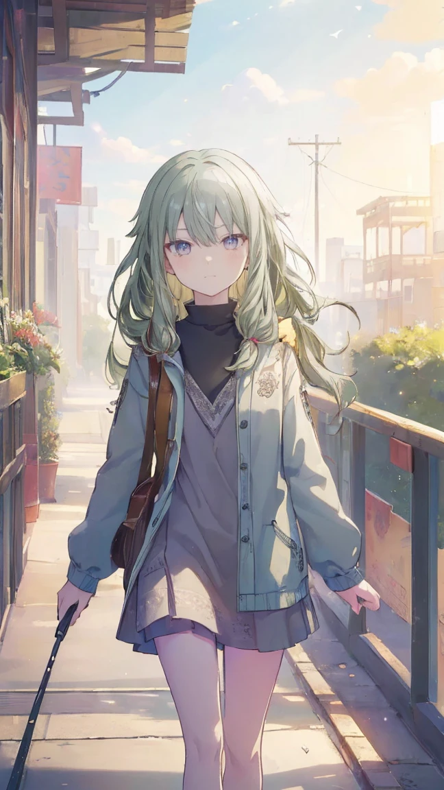 (masterpiece, Highest quality:1.6),Best image quality、Highest quality、Perfect lighting,masterpiece、(8K、masterpiece、Highest quality)、Best image quality、Chest close-up、During a walk、Outdoors、Smile at me、The sense of distance as if you were walking next to me、light green hair color、Kusanagi Nin々、
