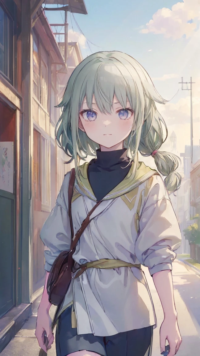 (masterpiece, Highest quality:1.6),Best image quality、Highest quality、Perfect lighting,masterpiece、(8K、masterpiece、Highest quality)、Best image quality、Chest close-up、During a walk、Outdoors、Smile at me、The sense of distance as if you were walking next to me、light green hair color、Kusanagi Nin々、