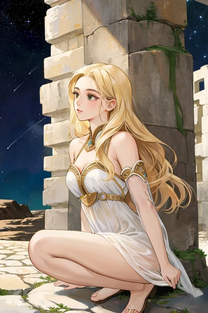 ((best quality)), ((masterpiece)), (detailed), A warrior girl in an apocalyptic world that has become a technocracy. She believes in God and the Stars, she is dressed in a tunic that covers her from shoulders to bare feet. She's humble, the dress Is a bit damaged but really elegant. She looks like a goddess, but She Is deeply human, she is poor but has strong arms and legs and very feminine breasts, like Venus. She comes from Siberia but also has something of the Middle East. Olive skin but long blonde hair. She will save the world