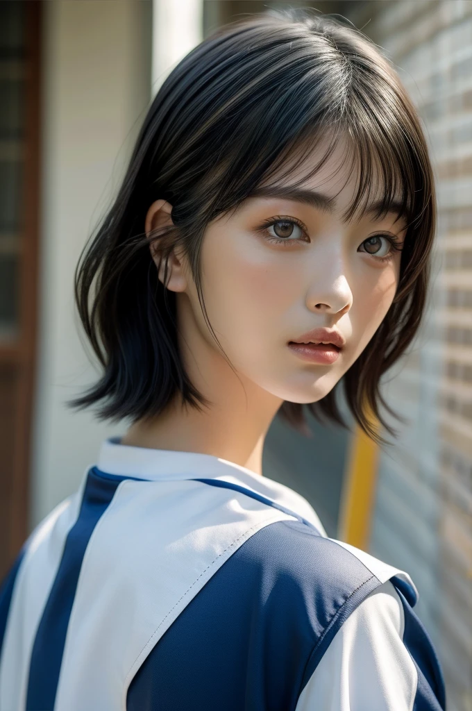 (masterpiece), (Highest quality), (Super detailed),(Disheveled Hair),(figure), (One girl), (NUDE), Are standing, View your viewers, (interview), (Simple Background),Beautiful attention to detail, Delicate and beautiful face, ,( (Thin white collar blouse)),、((No makeup))、floating,(High saturation),), Focus on the face, Light-colored lips、(Mouth closed)、Soft Breasts、Short low ponytail, Black Hair, bangs, Hair Ring, Floating hair, (The Shining), Best lighting, Best Shadow,
