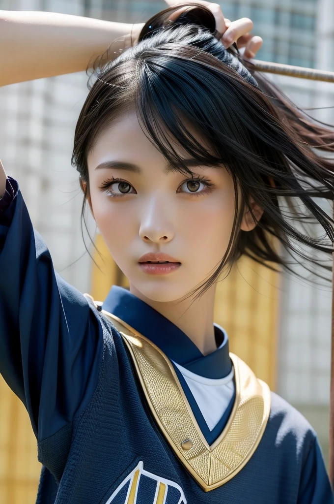 Long windswept blue-black hair, gaze towards the viewer, masterpiece, 8K, realistic RAW photo, highest quality, Japanese, a girl, beautiful face, realistic face, black short hair, beautiful hairstyle, realistic eyes, meticulous detail in eyes, realistic skin, beautiful skin, charming, ultra-high resolution, ultra-realistic, highly detailed, golden ratio, lacrosse team - padded lacrosse uniform.