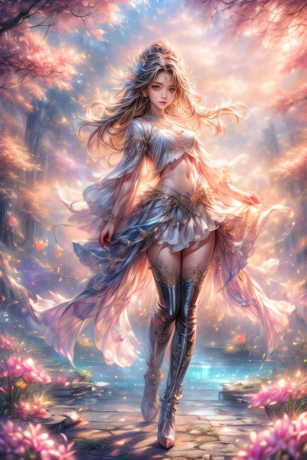 beautiful cute girl, heart-shaped sunglasses on forehead, black trench coat, hair flowing in the breeze, thigh-high boots, midriff-baring, 1girl, beautiful detailed eyes, beautiful detailed lips, extremely detailed eyes and face, long eyelashes, elegant, graceful pose, soft lighting, pastel color palette, dreamy, whimsical, fantasy, full-body view, (highest quality,16k,highres,masterpiece:1.2),ultra-detailed,(realistic,photorealistic,photo-realistic:1.37),HDR,UHD,studio lighting,ultra-fine painting,sharp focus,physically-based rendering,extreme detail description,professional,vivid colors,bokeh