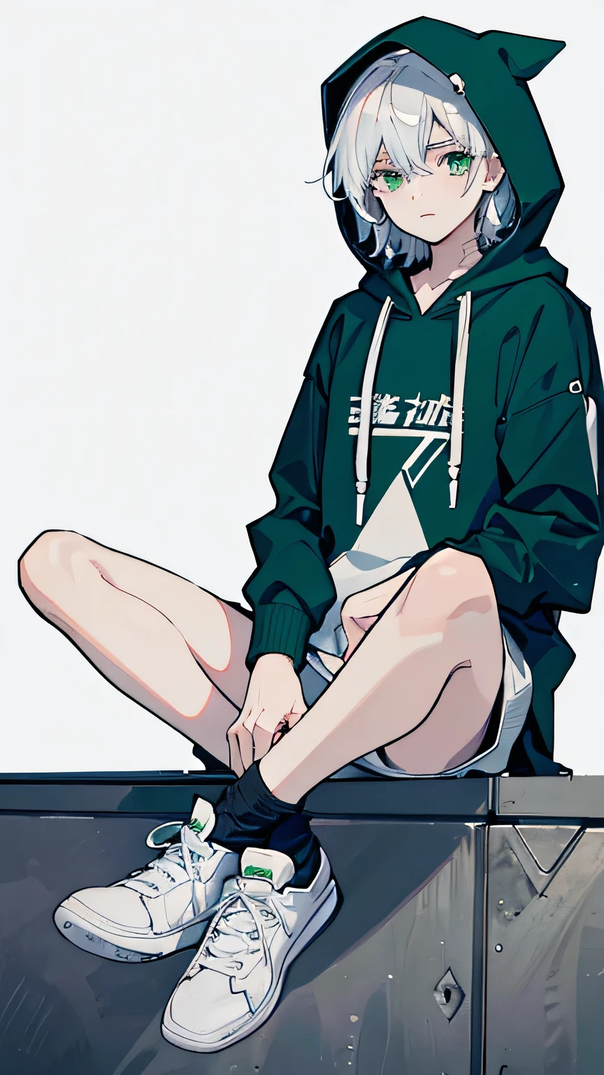 masterpiece, Facial details, Very detailed, 8K, Modern Style, ((One young man)), woman, Short white hair, Green Eyes, White hoodie, Black trousers, I can see the shoes, White Background, joy, sit down, hood up,