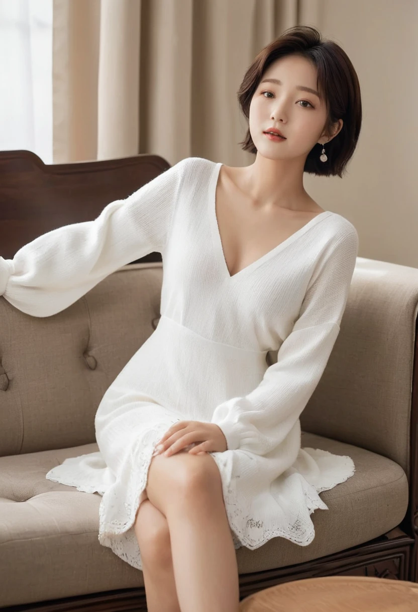 Comfortable everyday look, woman in white dress, living room, chest B cup, Inspired by Jiwon Kim, jiyun chae, inspired by Russell Lu Dongjun, Song inspired by Gao Qipei, by Russell Lu Dongjun, Inspired by Shin Min-jeong., /Short hair