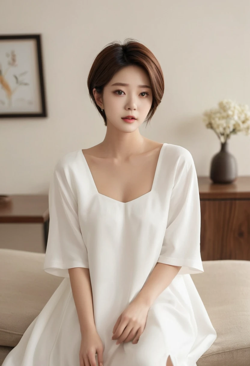 Comfortable everyday look, woman in white dress, living room, chest B cup, Inspired by Jiwon Kim, jiyun chae, inspired by Russell Lu Dongjun, Song inspired by Gao Qipei, by Russell Lu Dongjun, Inspired by Shin Min-jeong., /Short hair