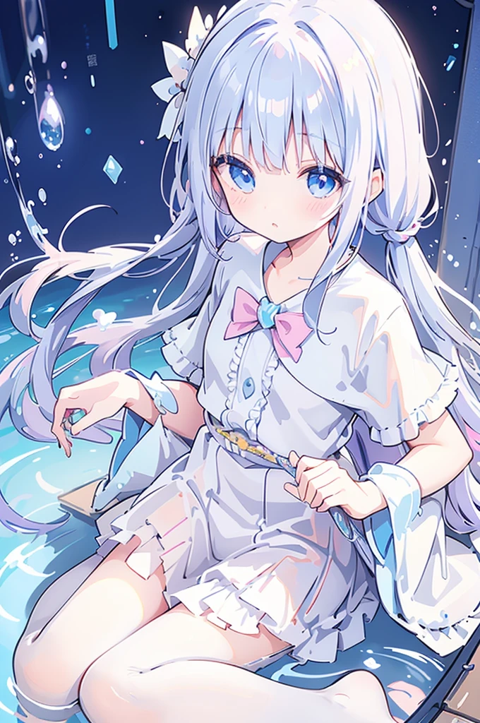 A magical girl with a mermaid motif、Highest quality、Loriータ、Confused eyes、、small、Lori、Young Girl、Water Manipulation Magic、Magical girl who controls water、beautiful girl、cute、Full-body portrait、light blue、Have a koto、Playing the lyre、Clear eyes、pose、Magic Exercises