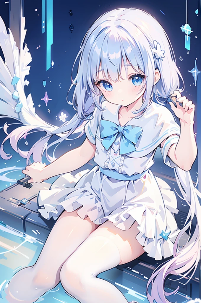 A magical girl with a mermaid motif、Highest quality、Loriータ、Confused eyes、、small、Lori、Young Girl、Water Manipulation Magic、Magical girl who controls water、beautiful girl、cute、Full-body portrait、light blue、Have a koto、Playing the lyre、Clear eyes、pose、Magic Exercises