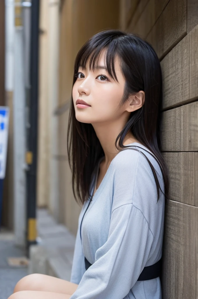 Japanese woman in her 20s、She&#39;s showing off her sexy side by wearing blue silk pajamas.、No bra、Her breasts are large、black、Cang、white