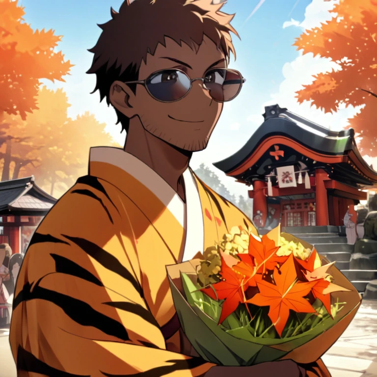 {{{{{Mastepiece,Best Quality,Super detailed,8k}}}}},1. Tall Man,Ganguro,Chocolate Brown Skin,A happy smile,Short hair and stubble,Cool Face,EyesBeautiful Eyes,Holding a bouquet,Beautiful shrine with autumn leaves in the background,(Tiger Print Kimono:1.08),sun glasses,