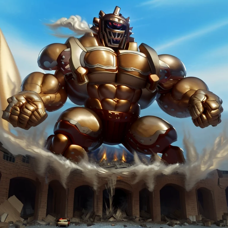 SOLO (masterpiece. official art. 8k. best quality. detailed full body. full body.)
(situation 1 : dominating Armored Flazzard. Armored Flazzard is over 1000 meters long. focus GIANT mechanical Muscular Armored Flazzard is trampling the city. Looking down. macro. stomp. Low-angle perspective. emphasizing the immense size.)
(situation 2 :smoke and flames rising from the destruction in the city)
(Additional details 1: real texture material. whole body shines like metal. emphasizes the muscles. suit fully made of metal.).
(Additional details 2: Detailed head. Detailed Body. Detailed abs. gigantic muscles. HYPER MUSCLES. Gigachad Muscular. big muscle. pecs. triceps. traps. unusually developed muscular body. body full of huge muscles. showing off muscles. pectorales enormes. Exaggeratedly huge muscles. huge muscles. long legs.).