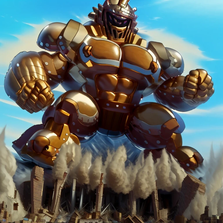 SOLO (masterpiece. official art. 8k. best quality. detailed full body. full body.)
(situation 1 : dominating Armored Flazzard. Armored Flazzard is over 1000 meters long. focus GIANT mechanical Muscular Armored Flazzard is trampling the city. Looking down. macro. stomp. Low-angle perspective. emphasizing the immense size.)
(situation 2 :smoke and flames rising from the destruction in the city)
(Additional details 1: real texture material. whole body shines like metal. emphasizes the muscles. suit fully made of metal.).
(Additional details 2: Detailed head. Detailed Body. Detailed abs. gigantic muscles. HYPER MUSCLES. Gigachad Muscular. big muscle. pecs. triceps. traps. unusually developed muscular body. body full of huge muscles. showing off muscles. pectorales enormes. Exaggeratedly huge muscles. huge muscles. long legs.).