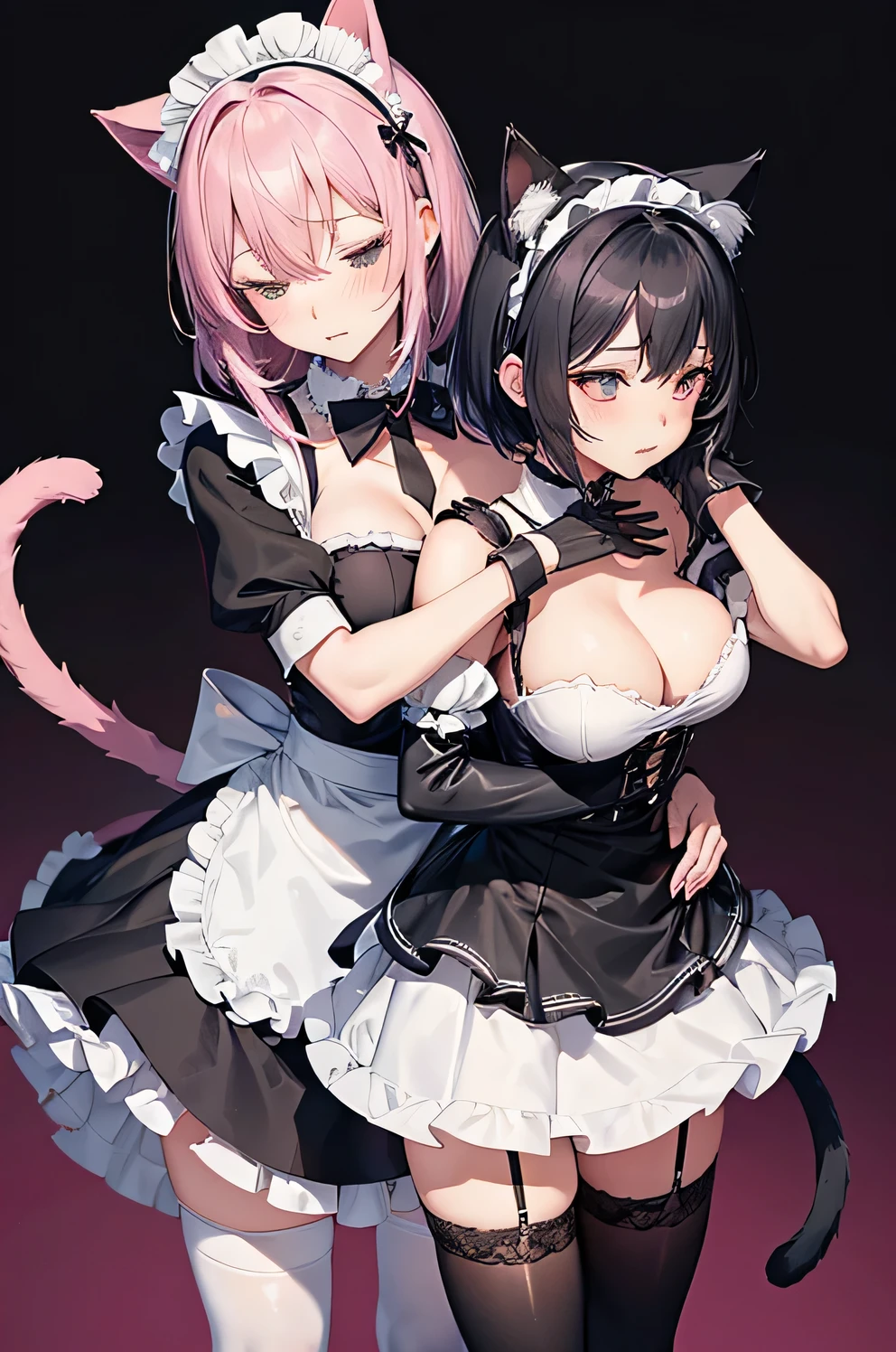 2 Beautiful anime woman with cat ears and tail (wearing maid dress, black stockings, and short black gloves) while the other beautiful anime woman with cat ears and tail (wearing maid dress, black stockings, and short black gloves) is standing behind her and holding her from behind while she places her glove over the other womans breast and falls asleep in her arms
