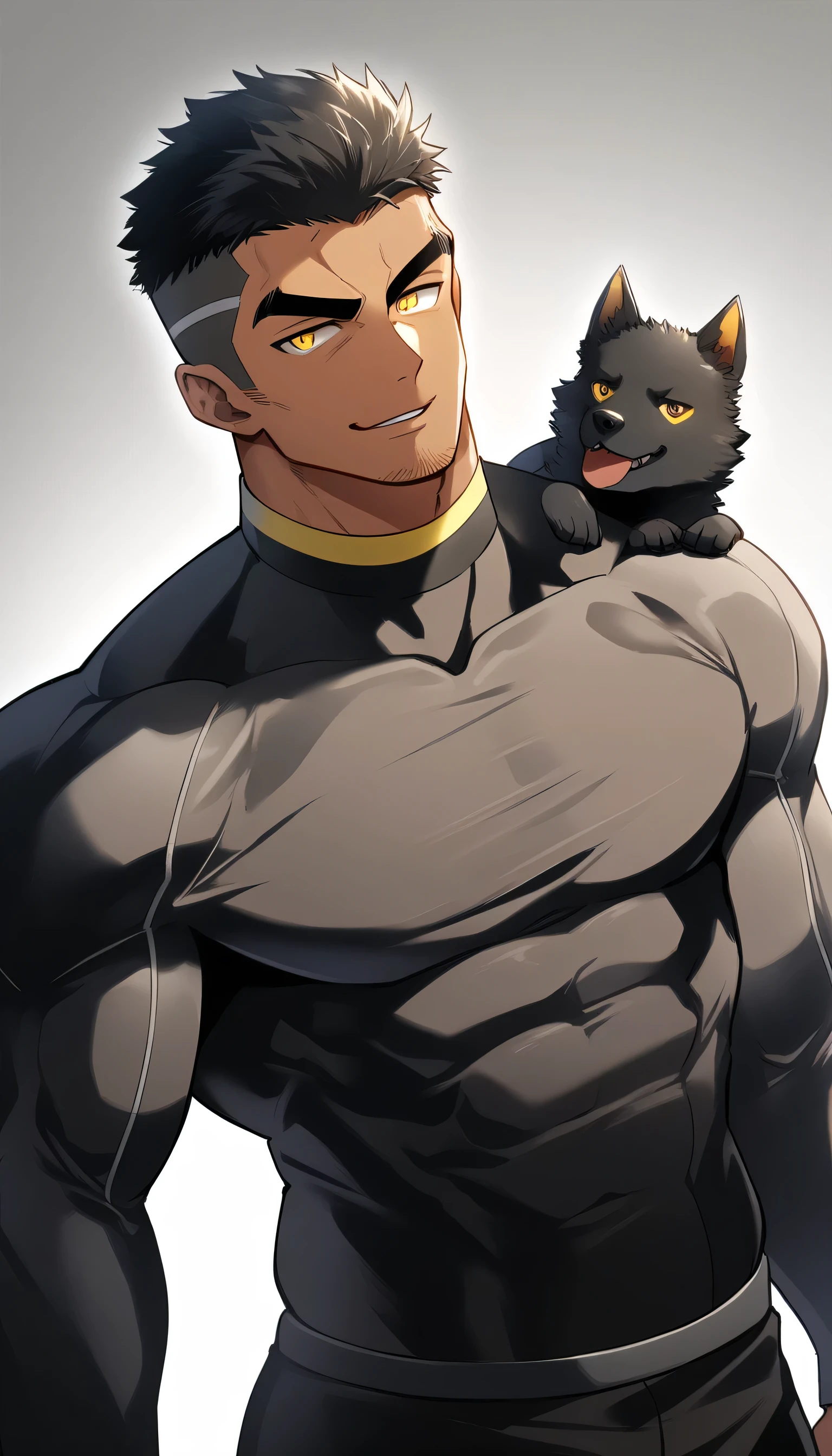 anime characters:Tights superhero, Muscle superhero, negro black skin, 1 dark skin muscular tough guy, Manliness, male focus, Yellow and black striped high collar long sleeve tight T-shirt, Slightly transparent material, Very tight, Round, full and perky chest muscles,Male dog waist,Slightly transparent, muscular male, muscular, only, Upper body, alone, Black short hair, Thick eyebrows, stubble, Yellow eyes, Grey background, simple background, amazing quality, best aesthetics, Ridiculous, bright pupils, crew cut, parted lips, seductive smile, torogao, naughty face, drop shadow, best quality