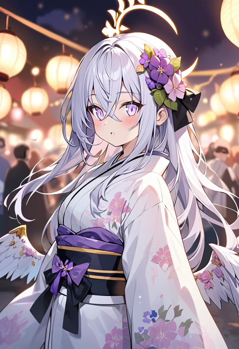  azusa \(blue archive\),1girl alternate_costume angel_wings blurry depth_of_field feathered_wings flower hair_between_eyes hair_flower hair_ornament halo holding_fireworks japanese_clothes kimono long_hair long_sleeves night night_sky obi outdoors parted_lips purple_eyes sash sidelocks sky solo white_hair white_wings wide_sleeves wings yukata