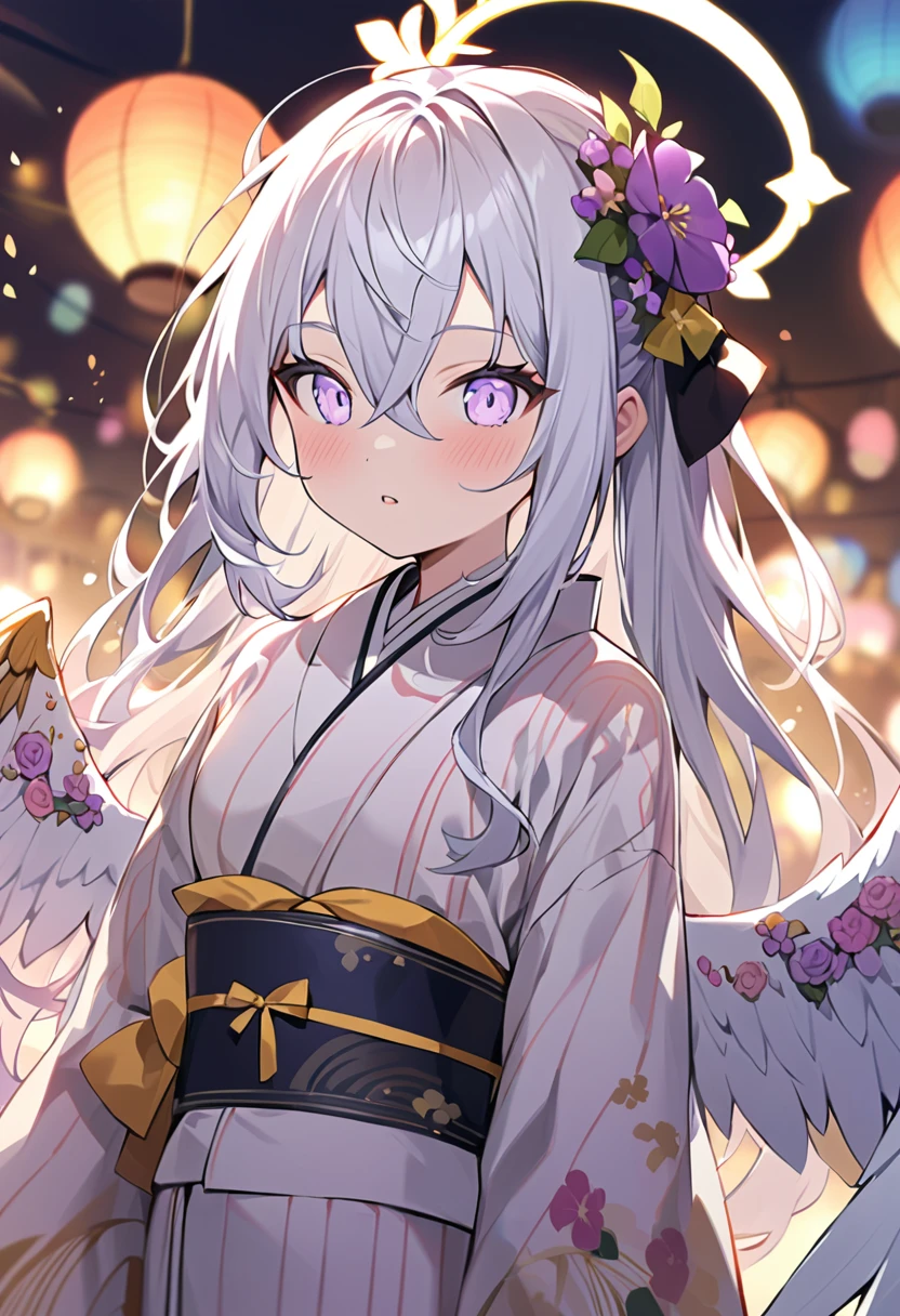  azusa \(blue archive\),1girl alternate_costume angel_wings blurry depth_of_field feathered_wings flower hair_between_eyes hair_flower hair_ornament halo holding_fireworks japanese_clothes kimono long_hair long_sleeves night night_sky obi outdoors parted_lips purple_eyes sash sidelocks sky solo white_hair white_wings wide_sleeves wings yukata