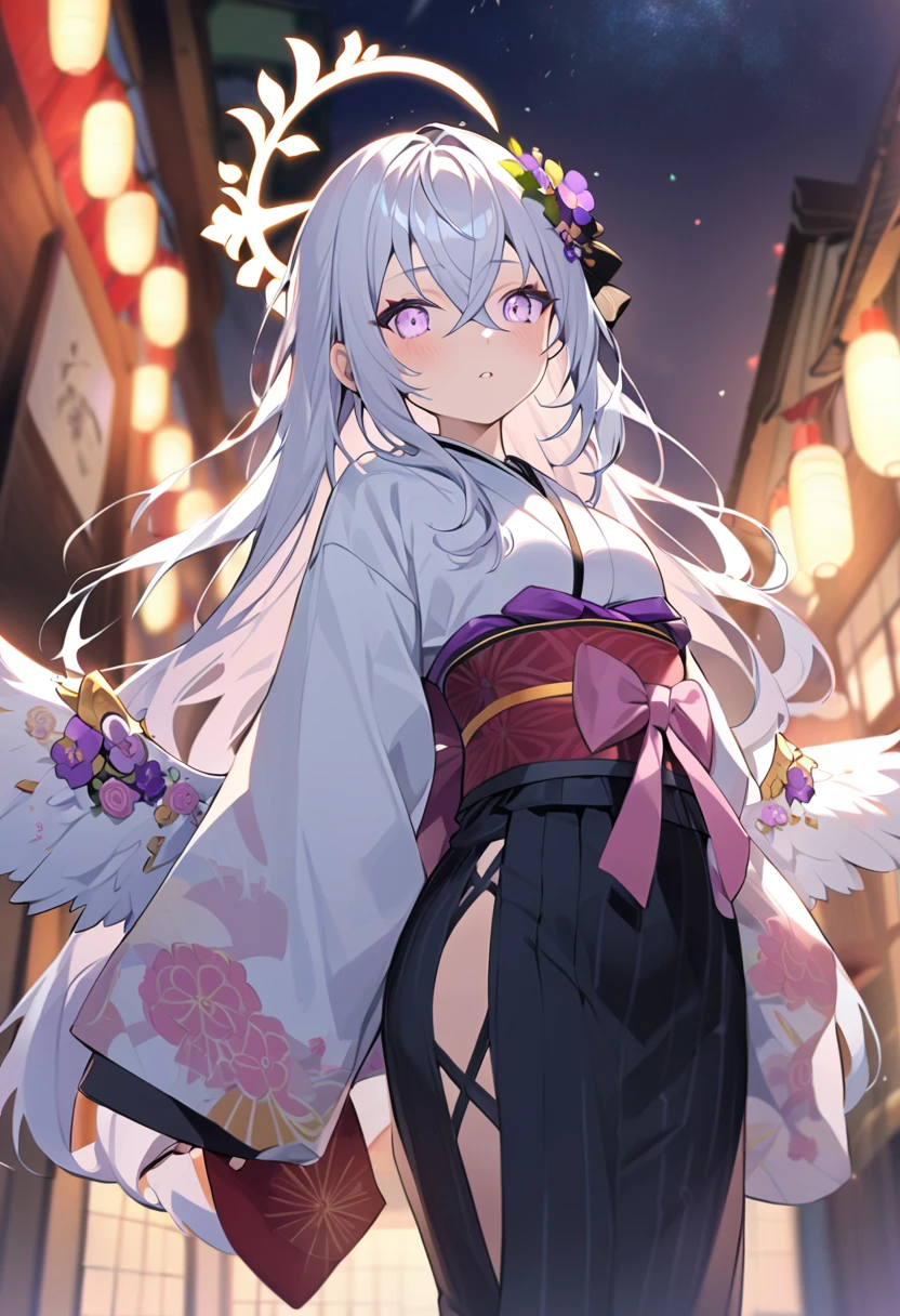 azusa \(blue archive\),1girl alternate_costume angel_wings blurry depth_of_field feathered_wings flower hair_between_eyes hair_flower hair_ornament halo holding_fireworks japanese_clothes kimono long_hair long_sleeves night night_sky obi outdoors parted_lips purple_eyes sash sidelocks sky solo white_hair white_wings wide_sleeves wings yukata