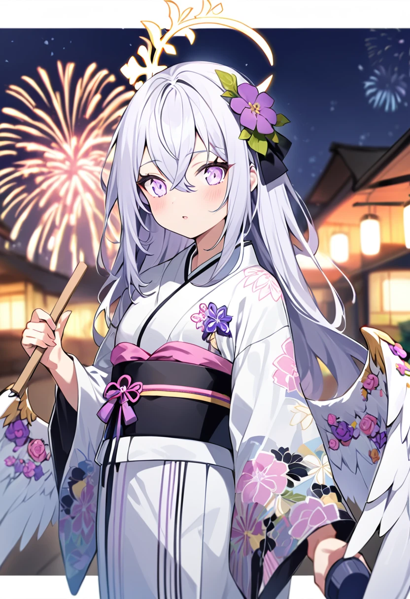  azusa \(blue archive\),1girl alternate_costume angel_wings blurry depth_of_field feathered_wings flower hair_between_eyes hair_flower hair_ornament halo holding_fireworks japanese_clothes kimono long_hair long_sleeves night night_sky obi outdoors parted_lips purple_eyes sash sidelocks sky solo white_hair white_wings wide_sleeves wings yukata