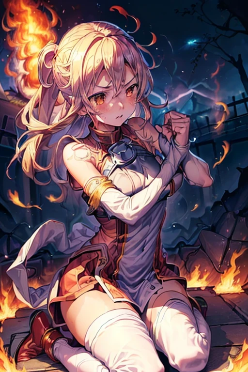 (((Dragon Quest 3 Costumes)))、distinct、(((Female)))、(((Whole body expression))),(((wise)))、(((alone)))、(((Go down)))、(((Clothes are torn)))、((Make the most of your original images))、((The clothes are severely torn))、((Bloodstained))、((Stockings are torn))、((Best image quality、8K))、Ultra-high resolution、(((On one knee)))、(((Hands tied with chains))),(((I'm fainting))),(((Bleeding from many wou(My chest is about to burst)))、(((The flames burn on the clothes)))、(((Hot air makes it hard to breathe)))、(((The costume is torn)))、(((Under attack from the enemy)))、(((My body is numb)))、(((Direct lightning strike)))、(((Rock Bottom of Despair)))、(((I am enduring it with willpower alone.))),(((The flames burn on the clothes)))、(((Eyes are clear)))、(((Getting punched in the stomach)))、(((Based on the original)))。