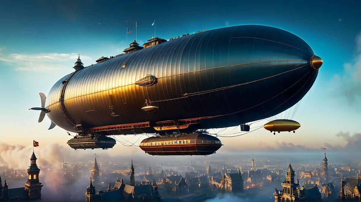 masterpiece, high quality, Clear images, Complex details, Beeple Style, Steampunk Armored Reflex Zeppelin The Order 1886, A motorized balloon spits out a small glass tower., Complex steampunk city, Industrial smoke and vash in the air, evening, Powerful headlights, mist, Colorful nebula galaxy sky, 24mm, 4k Texture, Soft cinematic light, Adobe Lightroom, Photo Lab, High resolution, Complex, elegant, Very detailed, Sharp focus, ((((Cinematic look)))), Calm tone, Insane Details, Complex details, Ultra-detailed, Low contrast, Soft cinematic light, Exposure Blending, High resolution, Faded,