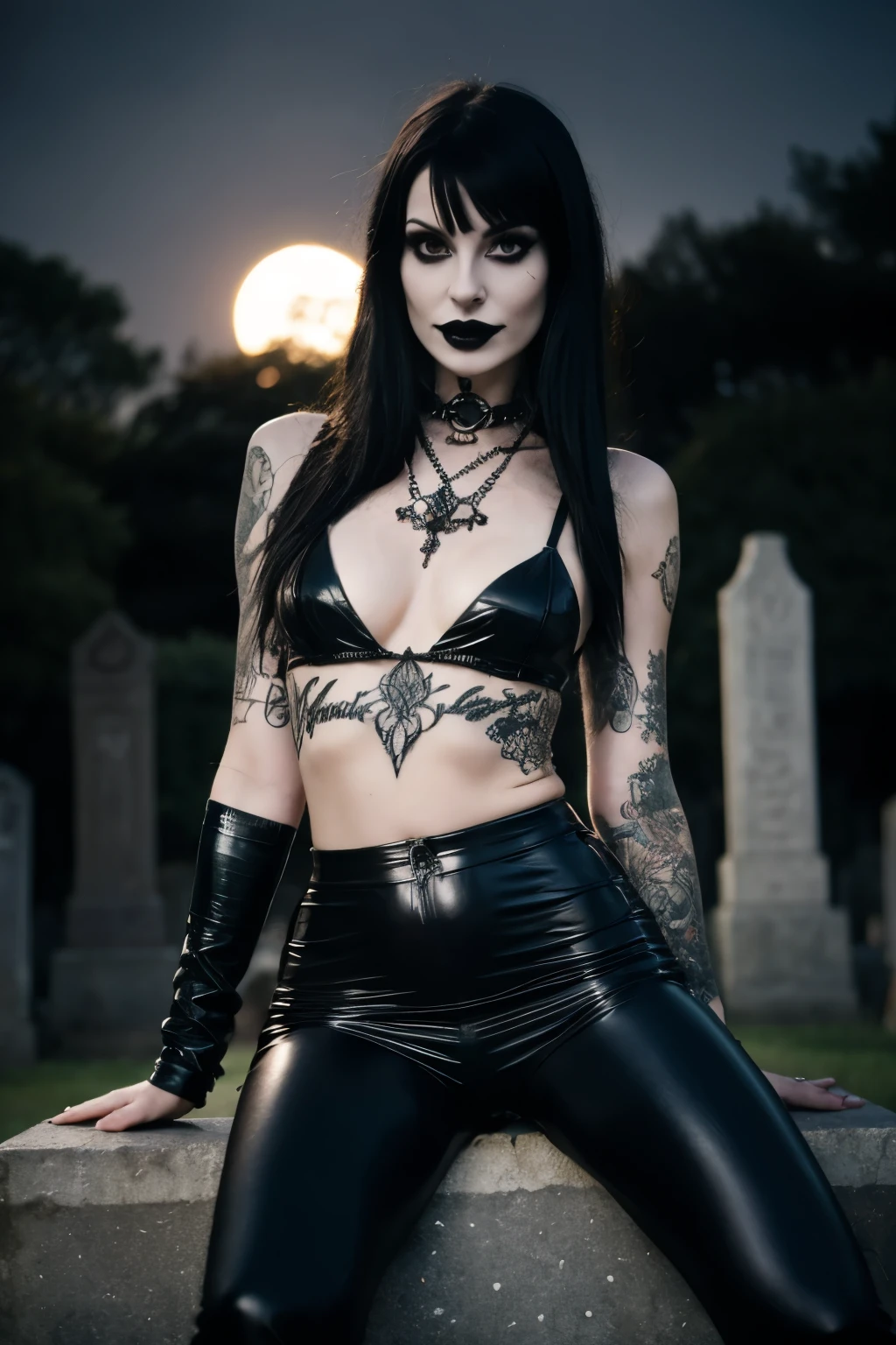 Best quality, Raw photograph ,Ultra high resolution,(Realisticity:1.4), original photo, natural lighting, 1 girl, (((Hot goth Girl))) Alone, sitting over a cemitery Tomb, in Dynamic sensual pose, ((cut hair with fringe)), hot Body, ABS, gothic style, at night under the moonlight, wearing black latex pants, black latex clothes, Gothic style, hot body fit, ((arm tattoo, grayscale tattoo)), heavy metal style, photography. realistic, datailed, detailed face, 4K. (((Night cemitery background))).